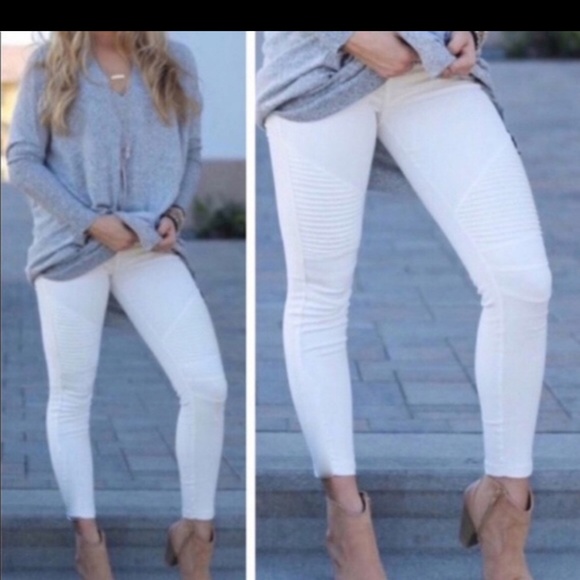 White Moto Biker Leggings by New Mix - Picture 3 of 4